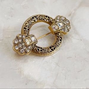 Art Deco Style Gold Tone Circle Crystal Brooch Vintage Glam
